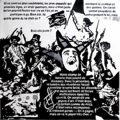 Denis BRUN, Jaz Coleman with Delacroix with friends in NYC - 28/06/69
Encre de Chine et gaffer aluminium sur papier.
150/150cm - 2025 