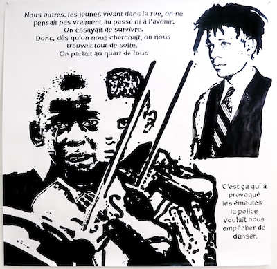 Denis BRUN, Diego-Frazao Torquato playing for Basquiat funerals during the Stonewall riots. 
Encre de Chine sur papier.
150/150cm - 2025 