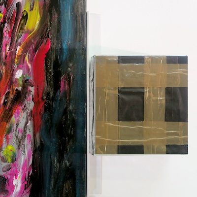 Denis Brun - The trip 2 (Bad Painting Remix) - Peinture acrylique sur toile, bois, carton, paillettes, ruban adhésif - 2023 Denis Brun - The trip 2 (Bad Painting Remix) - Peinture acrylique sur toile, bois, carton, paillettes, ruban adhésif - 2023