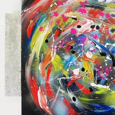 Denis Brun - The trip 3 (Bad Painting Remix) - Peinture acrylique sur toile, bois, carton, paillettes, ruban adhésif - 2023 Denis Brun - The trip 3 (Bad Painting Remix) - Peinture acrylique sur toile, bois, carton, paillettes, ruban adhésif - 2023