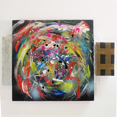 Denis Brun - The trip 3 (Bad Painting Remix) - Peinture acrylique sur toile, bois, carton, paillettes, ruban adhésif - 2023