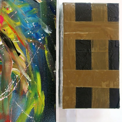 Denis Brun - The trip 3 (Bad Painting Remix) - Peinture acrylique sur toile, bois, carton, paillettes, ruban adhésif - 2023 Denis Brun - The trip 3 (Bad Painting Remix) - Peinture acrylique sur toile, bois, carton, paillettes, ruban adhésif - 2023