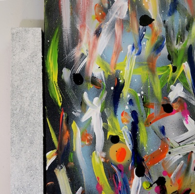 Denis Brun - The trip 4 (Bad Painting Remix) - Peinture acrylique sur toile, bois, carton, paillettes, ruban adhésif - 2023 Denis Brun - The trip 4 (Bad Painting Remix) - Peinture acrylique sur toile, bois, carton, paillettes, ruban adhésif - 2023