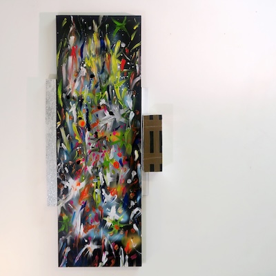 Denis Brun - The trip 4 (Bad Painting Remix) - Peinture acrylique sur toile, bois, carton, paillettes, ruban adhésif - 2023 Denis Brun - The trip 4 (Bad Painting Remix) - Peinture acrylique sur toile, bois, carton, paillettes, ruban adhésif - 2023