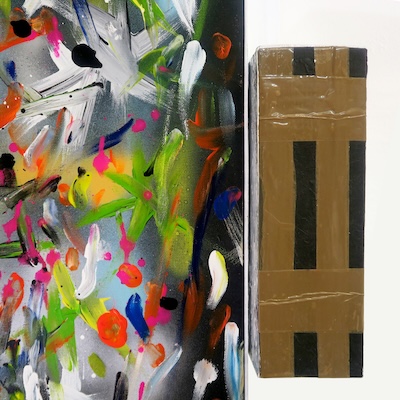 Denis Brun - The trip 4 (Bad Painting Remix) - Peinture acrylique sur toile, bois, carton, paillettes, ruban adhésif - 2023 Denis Brun - The trip 4 (Bad Painting Remix) - Peinture acrylique sur toile, bois, carton, paillettes, ruban adhésif - 2023