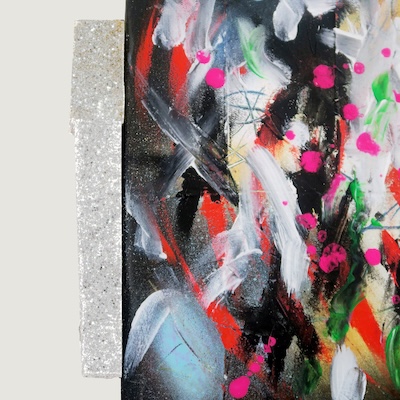 Denis Brun - The trip 5 (Bad Painting Remix) - Peinture acrylique sur toile, bois, carton, paillettes, ruban adhésif - 2023 Denis Brun - The trip 5 (Bad Painting Remix) - Peinture acrylique sur toile, bois, carton, paillettes, ruban adhésif - 2023