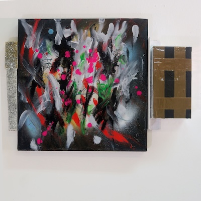 Denis Brun - The trip 5 (Bad Painting Remix) - Peinture acrylique sur toile, bois, carton, paillettes, ruban adhésif - 2023 Denis Brun - The trip 5 (Bad Painting Remix) - Peinture acrylique sur toile, bois, carton, paillettes, ruban adhésif - 2023