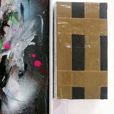 Denis Brun - The trip 5 (Bad Painting Remix) - Peinture acrylique sur toile, bois, carton, paillettes, ruban adhésif - 2023 Denis Brun - The trip 5 (Bad Painting Remix) - Peinture acrylique sur toile, bois, carton, paillettes, ruban adhésif - 2023