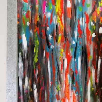 Denis Brun - The trip 1 (Bad Painting Remix) - Peinture acrylique sur toile, bois, carton, paillettes, ruban adhésif - 2023 Denis Brun - The trip 1 (Bad Painting Remix) - Peinture acrylique sur toile, bois, carton, paillettes, ruban adhésif - 2023