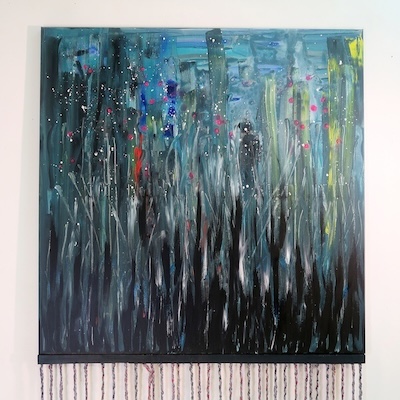 Denis Brun - The Pond 1 - Acrylique sur toile, bombe aérosol, paillettes, bois, laine - 2023 Denis Brun - The Pond 1 - Acrylique sur toile, bombe aérosol, paillettes, bois, laine - 2023