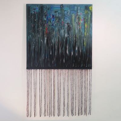 Denis Brun - The Pond 1 - Acrylique sur toile, bombe aérosol, paillettes, bois, laine - 2023 Denis Brun - The Pond 1 - Acrylique sur toile, bombe aérosol, paillettes, bois, laine - 2023