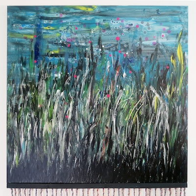 Denis Brun - The Pond 2 - Acrylique sur toile, bombe aérosol, paillettes, bois, laine - 2023 Denis Brun - The Pond 2 - Acrylique sur toile, bombe aérosol, paillettes, bois, laine - 2023