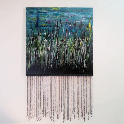 Denis Brun - The Pond 2 - Acrylique sur toile, bombe aérosol, paillettes, bois, laine - 2023 Denis Brun - The Pond 2 - Acrylique sur toile, bombe aérosol, paillettes, bois, laine - 2023