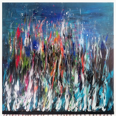 Denis Brun - The Pond 3 - Acrylique sur toile, bombe aérosol, paillettes, bois, laine - 2023 Denis Brun - The Pond 3 - Acrylique sur toile, bombe aérosol, paillettes, bois, laine - 2023