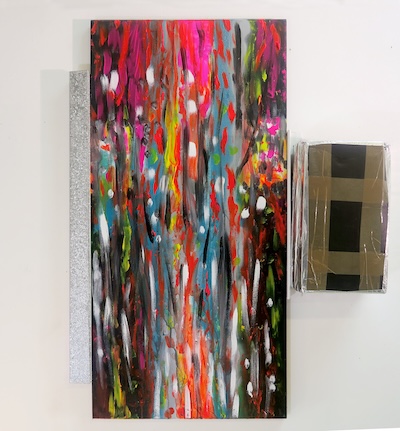 Denis Brun - The trip 1 (Bad Painting Remix) - Peinture acrylique sur toile, bois, carton, paillettes, ruban adhésif - 2023 Denis Brun - The trip 1 (Bad Painting Remix) - Peinture acrylique sur toile, bois, carton, paillettes, ruban adhésif - 2023