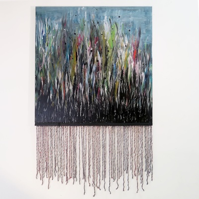 Denis Brun - The Pond 4 - Acrylique sur toile, bombe aérosol, paillettes, bois, laine - 2023 Denis Brun - The Pond 4 - Acrylique sur toile, bombe aérosol, paillettes, bois, laine - 2023