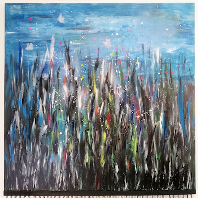 Denis Brun - The Pond 5 - Acrylique sur toile, bombe aérosol, paillettes, bois, laine - 2023 Denis Brun - The Pond 5 - Acrylique sur toile, bombe aérosol, paillettes, bois, laine - 2023