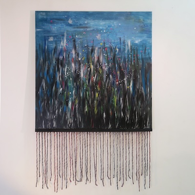 Denis Brun - The Pond 5 - Acrylique sur toile, bombe aérosol, paillettes, bois, laine - 2023 Denis Brun - The Pond 5 - Acrylique sur toile, bombe aérosol, paillettes, bois, laine - 2023