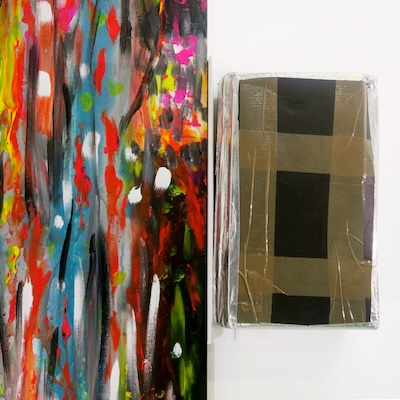 Denis Brun - The trip 1 (Bad Painting Remix) - Peinture acrylique sur toile, bois, carton, paillettes, ruban adhésif - 2023 Denis Brun - The trip 1 (Bad Painting Remix) - Peinture acrylique sur toile, bois, carton, paillettes, ruban adhésif - 2023