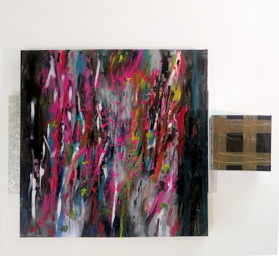 Denis Brun - The trip 2 (Bad Painting Remix) - Peinture acrylique sur toile, bois, carton, paillettes, ruban adhésif - 2023 Denis Brun - The trip 2 (Bad Painting Remix) - Peinture acrylique sur toile, bois, carton, paillettes, ruban adhésif - 2023